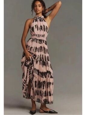 Anthropologie Pink Maxi Dress with Dark Brown Brushstrokes